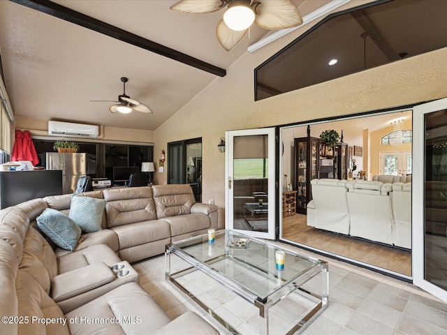 11350 Copley Ct, Spring Hill, FL 34609 - living room with ceiling fan, a wall mounted AC, beamed ceiling, tile patterned flooring, and high vaulted ceiling