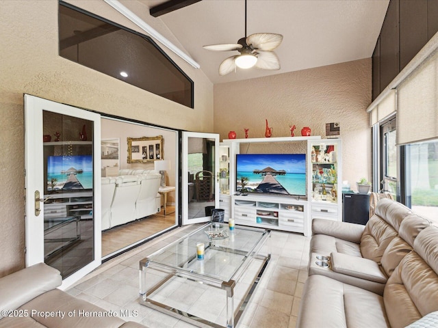 11350 Copley Ct, Spring Hill, FL 34609 - living area with light tile patterned flooring, a textured wall, high vaulted ceiling, beam ceiling, and a ceiling fan