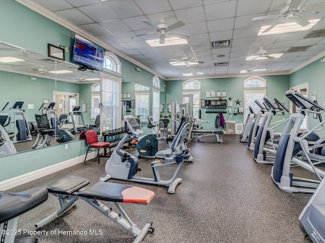 11350 Copley Ct, Spring Hill, FL 34609 - exercise room with ceiling fan, ornamental molding, baseboards, and a paneled ceiling