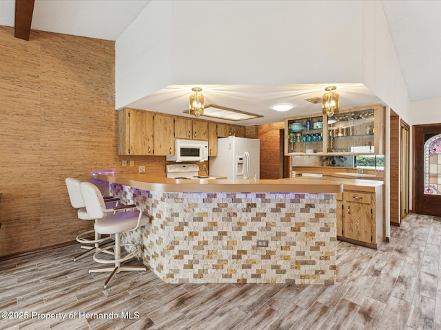 8393 Delaware Dr, Weeki Wachee, FL 34607 - kitchen with white appliances, light wood-type flooring, a sink, a peninsula, and light countertops