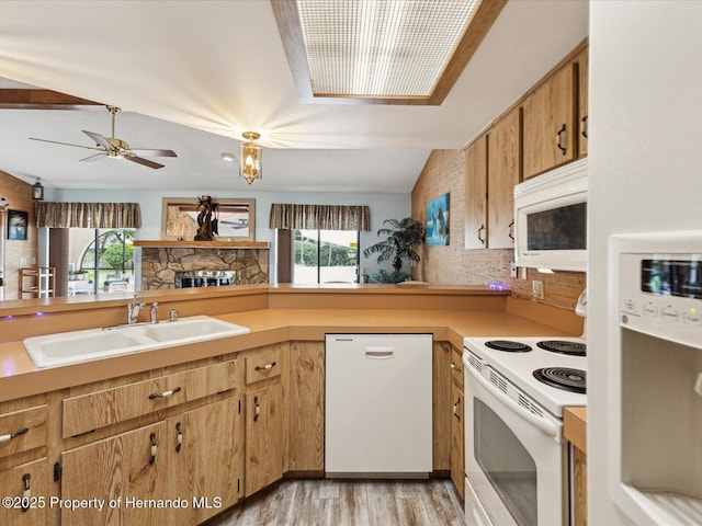 8393 Delaware Dr, Weeki Wachee, FL 34607 - kitchen featuring white appliances, a sink, light countertops, light wood finished floors, and a ceiling fan