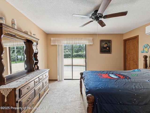 8393 Delaware Dr, Weeki Wachee, FL 34607 - bedroom with access to exterior, light carpet, multiple windows, a textured ceiling, and a ceiling fan