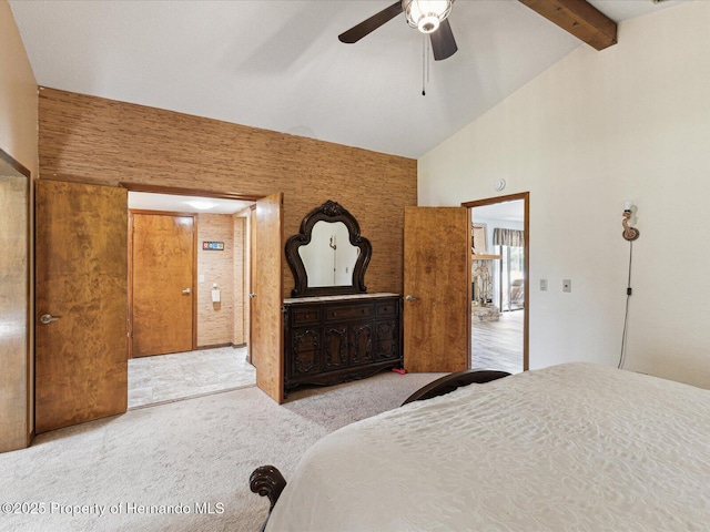 8393 Delaware Dr, Weeki Wachee, FL 34607 - bedroom with carpet flooring, beam ceiling, high vaulted ceiling, and a ceiling fan