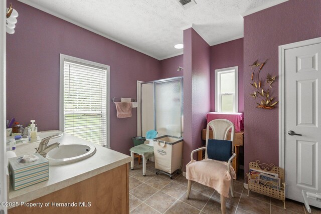 12253 Eskimo Curlew Rd, Brooksville, FL 34614 - full bathroom featuring a textured ceiling, a stall shower, tile patterned flooring, and vanity