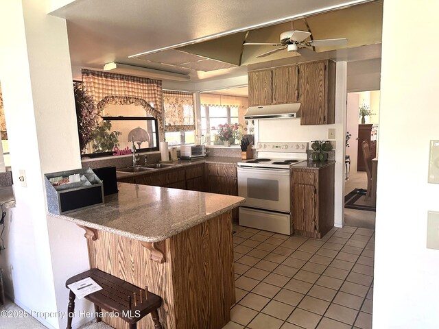 2351 Palm Springs Ct, Spring Hill, FL 34606 - kitchen featuring white electric range oven, under cabinet range hood, a sink, a peninsula, and light tile patterned floors