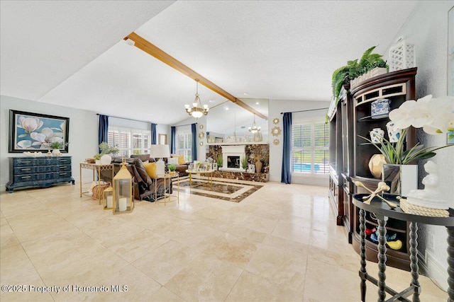 21000 Exeter Ct, Brooksville, FL 34601 - living area featuring tile patterned flooring, a chandelier, and a fireplace with raised hearth