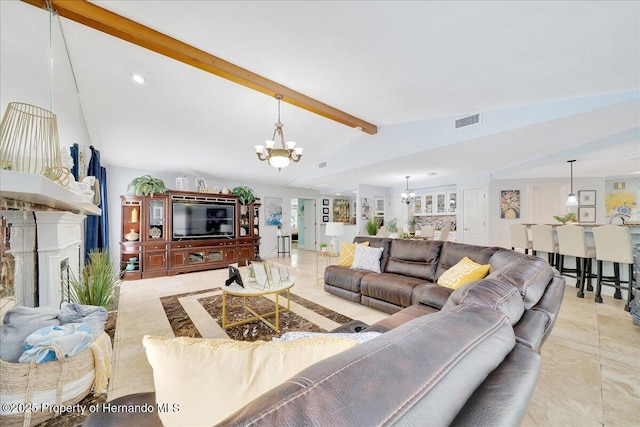 21000 Exeter Ct, Brooksville, FL 34601 - living area featuring a chandelier, a fireplace with raised hearth, and recessed lighting