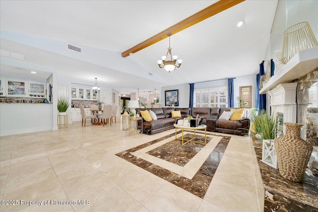 21000 Exeter Ct, Brooksville, FL 34601 - living area featuring a chandelier, beamed ceiling, baseboards, recessed lighting, and a fireplace