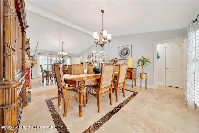 21000 Exeter Ct, Brooksville, FL 34601 - dining space featuring a chandelier, inlaid floor details, lofted ceiling, and baseboards