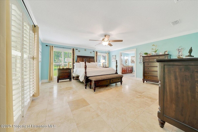 21000 Exeter Ct, Brooksville, FL 34601 - bedroom featuring ornamental molding, ensuite bathroom, baseboards, light tile patterned floors, and ceiling fan