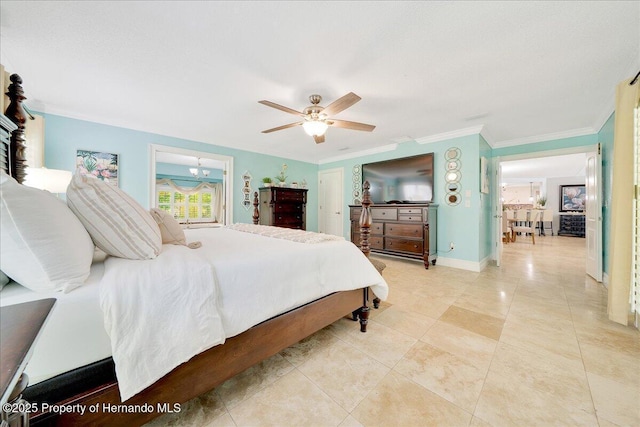 21000 Exeter Ct, Brooksville, FL 34601 - bedroom with ornamental molding, light tile patterned flooring, a ceiling fan, and baseboards
