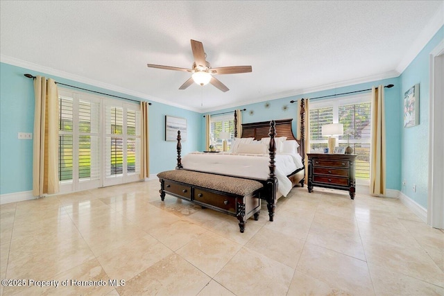 21000 Exeter Ct, Brooksville, FL 34601 - bedroom with crown molding, baseboards, light tile patterned floors, a ceiling fan, and a textured ceiling