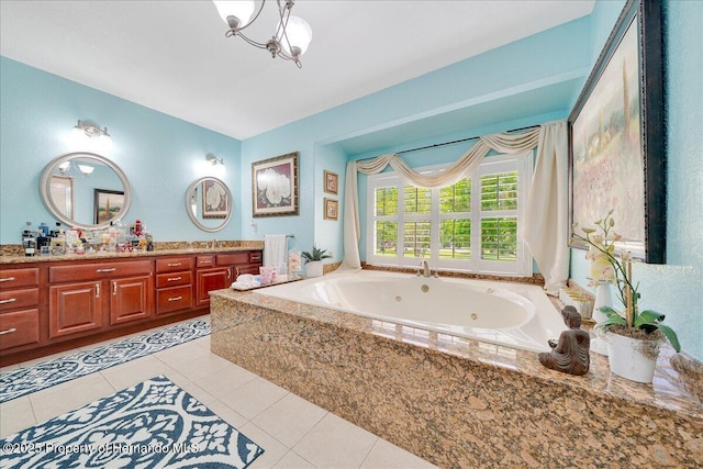 21000 Exeter Ct, Brooksville, FL 34601 - bathroom with tile patterned flooring, double vanity, a chandelier, and a jetted tub