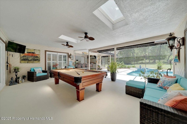 21000 Exeter Ct, Brooksville, FL 34601 - rec room featuring a skylight, a ceiling fan, a textured ceiling, and pool table