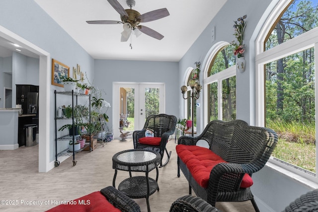 4960 Hidden Knob Trl, Spring Hill, FL 34609 - living area with french doors, a ceiling fan, wood finished floors, and baseboards