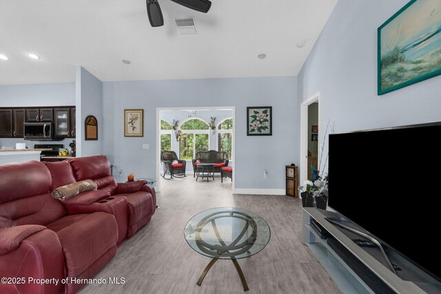 4960 Hidden Knob Trl, Spring Hill, FL 34609 - living area with wood finished floors, baseboards, ceiling fan, and recessed lighting