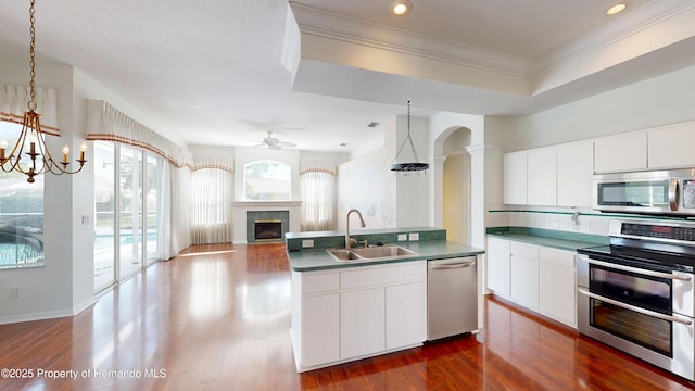 4048 St Ives Blvd, Spring Hill, FL 34609 - kitchen featuring appliances with stainless steel finishes, a sink, a tile fireplace, dark wood-type flooring, and ornamental molding