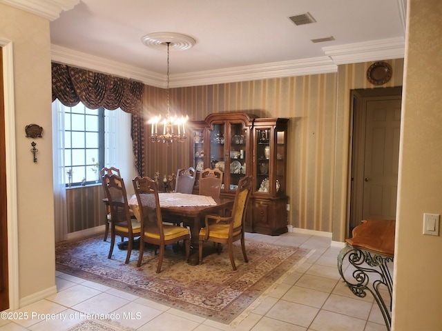 10430 Ramble Ridge Ct, Weeki Wachee, FL 34613 - dining space featuring a chandelier, light tile patterned flooring, crown molding, wallpapered walls, and baseboards