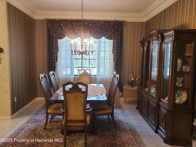 10430 Ramble Ridge Ct, Weeki Wachee, FL 34613 - dining space featuring wallpapered walls, ornamental molding, a chandelier, light tile patterned flooring, and baseboards