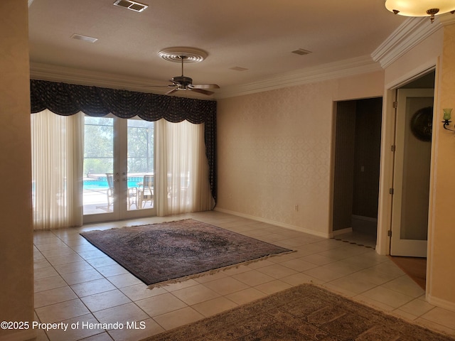 10430 Ramble Ridge Ct, Weeki Wachee, FL 34613 - tiled spare room with french doors, ornamental molding, and ceiling fan