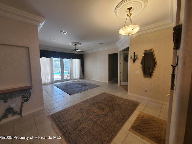 10430 Ramble Ridge Ct, Weeki Wachee, FL 34613 - foyer featuring crown molding, light tile patterned floors, baseboards, ceiling fan, and wallpapered walls