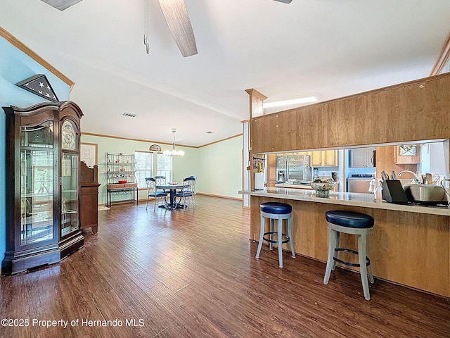 16173 Wiscon Rd, Brooksville, FL 34601 - kitchen with dark wood-style flooring, ornamental molding, stove, a peninsula, and decorative light fixtures
