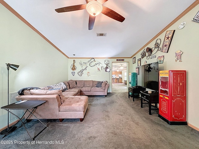 16173 Wiscon Rd, Brooksville, FL 34601 - living room with ornamental molding, carpet flooring, and a ceiling fan