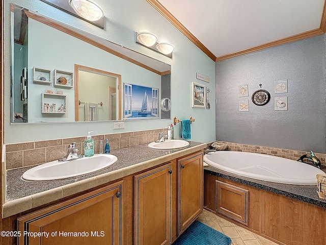 16173 Wiscon Rd, Brooksville, FL 34601 - bathroom with a textured wall, double vanity, a garden tub, tile patterned floors, and crown molding