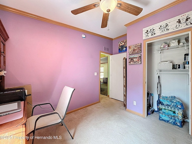 16173 Wiscon Rd, Brooksville, FL 34601 - office area with crown molding, ceiling fan, light carpet, and baseboards