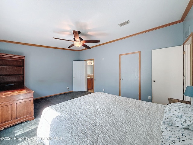 16173 Wiscon Rd, Brooksville, FL 34601 - carpeted bedroom with crown molding, ceiling fan, and ensuite bathroom