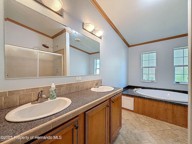 16173 Wiscon Rd, Brooksville, FL 34601 - full bathroom featuring crown molding, lofted ceiling, a shower stall, a garden tub, and plenty of natural light