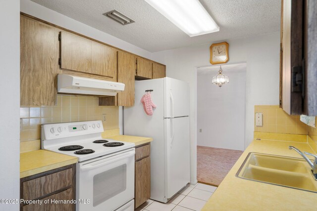 10820 Hachita Dr, Port Richey, FL 34668 - kitchen with white appliances, under cabinet range hood, a sink, a textured ceiling, and backsplash