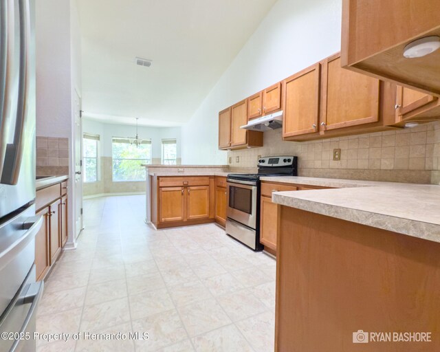 3095 Coronet Ct, Spring Hill, FL 34609 - kitchen featuring stainless steel appliances, a peninsula, light countertops, under cabinet range hood, and decorative backsplash
