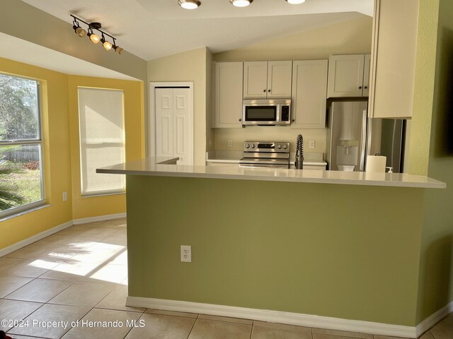 10448 Canary Ave, Weeki Wachee, FL 34613 - kitchen with stainless steel appliances, lofted ceiling, baseboards, light countertops, and plenty of natural light
