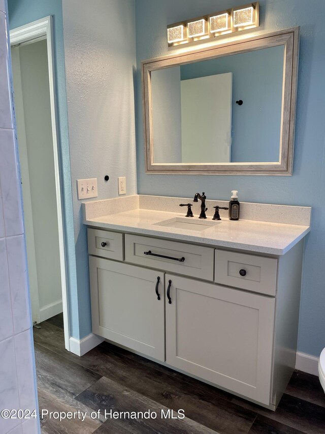10448 Canary Ave, Weeki Wachee, FL 34613 - bathroom featuring wood finished floors, baseboards, vanity, and toilet