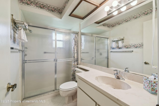 2183 Westchester Blvd, Spring Hill, FL 34606 - full bath featuring a shower stall, toilet, tile patterned flooring, and vanity