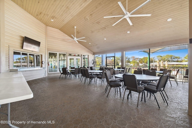 2183 Westchester Blvd, Spring Hill, FL 34606 - dining room with high vaulted ceiling, ceiling fan, wood ceiling, and recessed lighting
