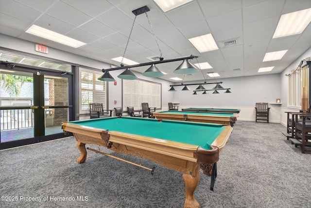 11752 Wheatfield Loop, Hudson, FL 34667 - rec room with carpet flooring, billiards table, a drop ceiling, french doors, and baseboards