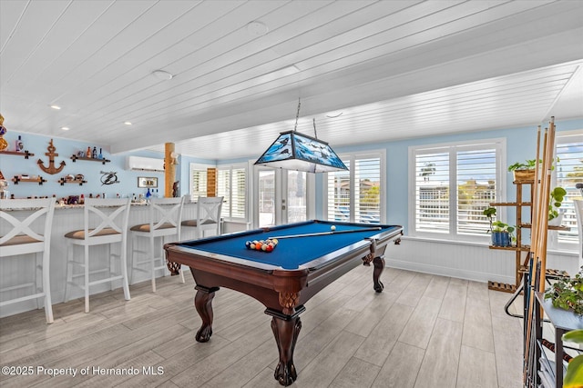4387 6th Isle Dr, Hernando Beach, FL 34607 - game room featuring light wood-style floors, billiards, a community bar, and recessed lighting
