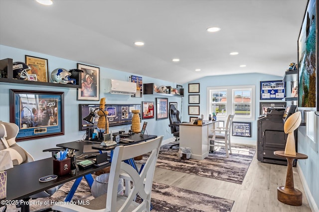 4387 6th Isle Dr, Hernando Beach, FL 34607 - office space with lofted ceiling, a wall unit AC, wood finished floors, recessed lighting, and baseboards