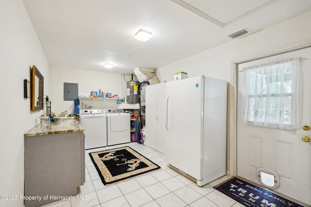 18633 Oak Way Dr, Hudson, FL 34667 - laundry area featuring electric panel, washing machine and clothes dryer, and water heater