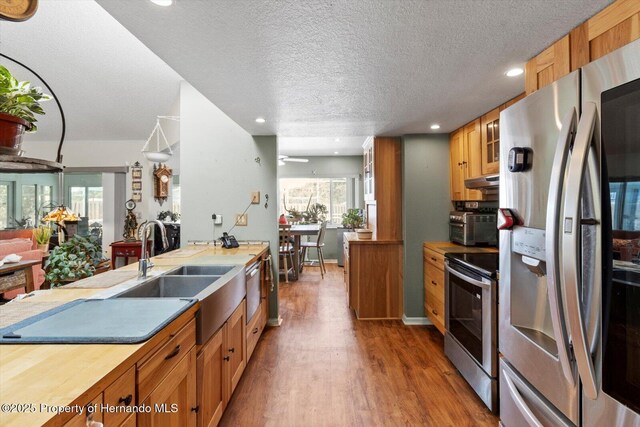 10267 Elgin Blvd, Spring Hill, FL 34608 - kitchen featuring appliances with stainless steel finishes, wood finished floors, a sink, a textured ceiling, and recessed lighting