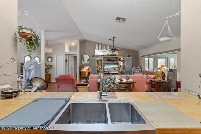 10267 Elgin Blvd, Spring Hill, FL 34608 - kitchen with lofted ceiling, a sink, ceiling fan, open floor plan, and a textured ceiling