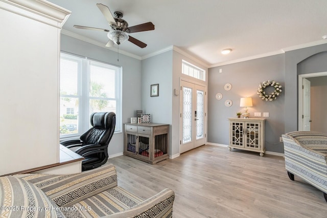 224 W Rexford Dr, Beverly Hills, FL 34465 - home office featuring wood finished floors, a ceiling fan, ornamental molding, baseboards, and french doors