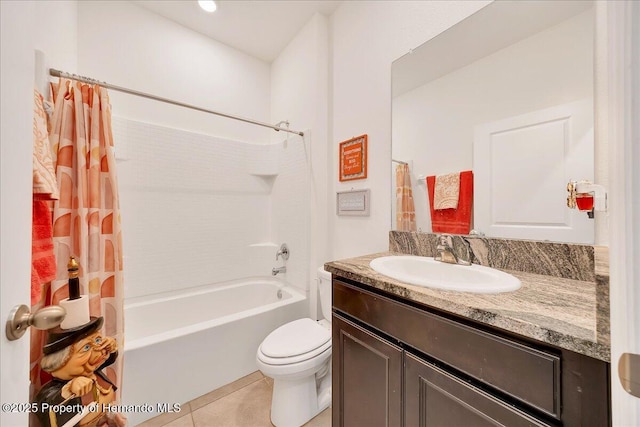 13454 Golden Lime Ave, Spring Hill, FL 34609 - bathroom with vanity, toilet, shower / bath combination with curtain, and tile patterned floors