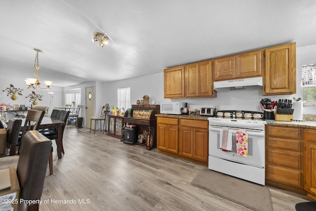 16040 Platinum Dr, Spring Hill Pasco, FL 34610 - kitchen featuring white appliances, under cabinet range hood, plenty of natural light, and a chandelier