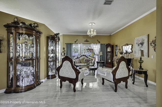 1086 Hook Dr, Spring Hill, FL 34608 - living area with a chandelier, baseboards, light marble finish flooring, ornamental molding, and a textured ceiling