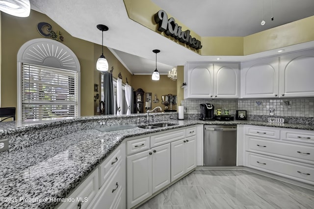 1086 Hook Dr, Spring Hill, FL 34608 - kitchen with dishwasher, a sink, decorative backsplash, dark stone countertops, and white cabinets