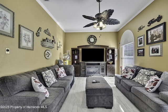 1086 Hook Dr, Spring Hill, FL 34608 - living room featuring crown molding and ceiling fan