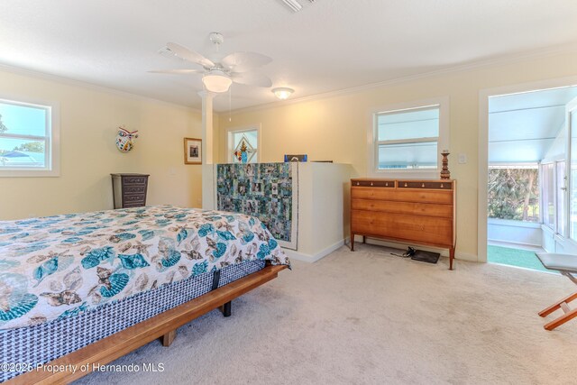 5507 Darlene St, Weeki Wachee, FL 34607 - carpeted bedroom featuring crown molding, multiple windows, ceiling fan, and baseboards